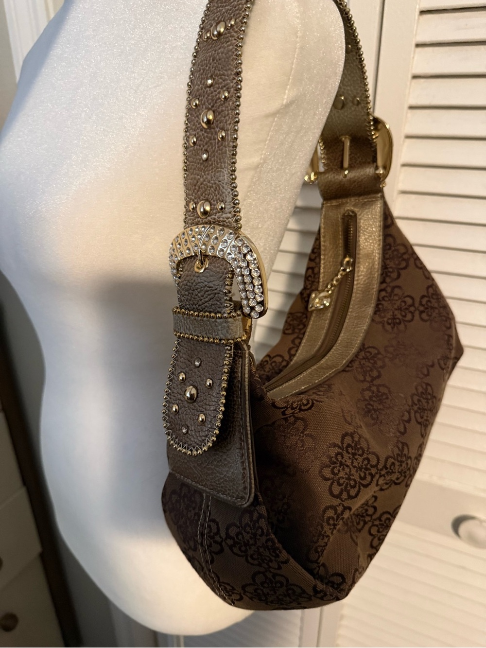 Kathy Van Zeeland Y2K Shoulder Bag Studded Brown Floral Rare Bling Bratz Baddie - Picture 2 of 16
